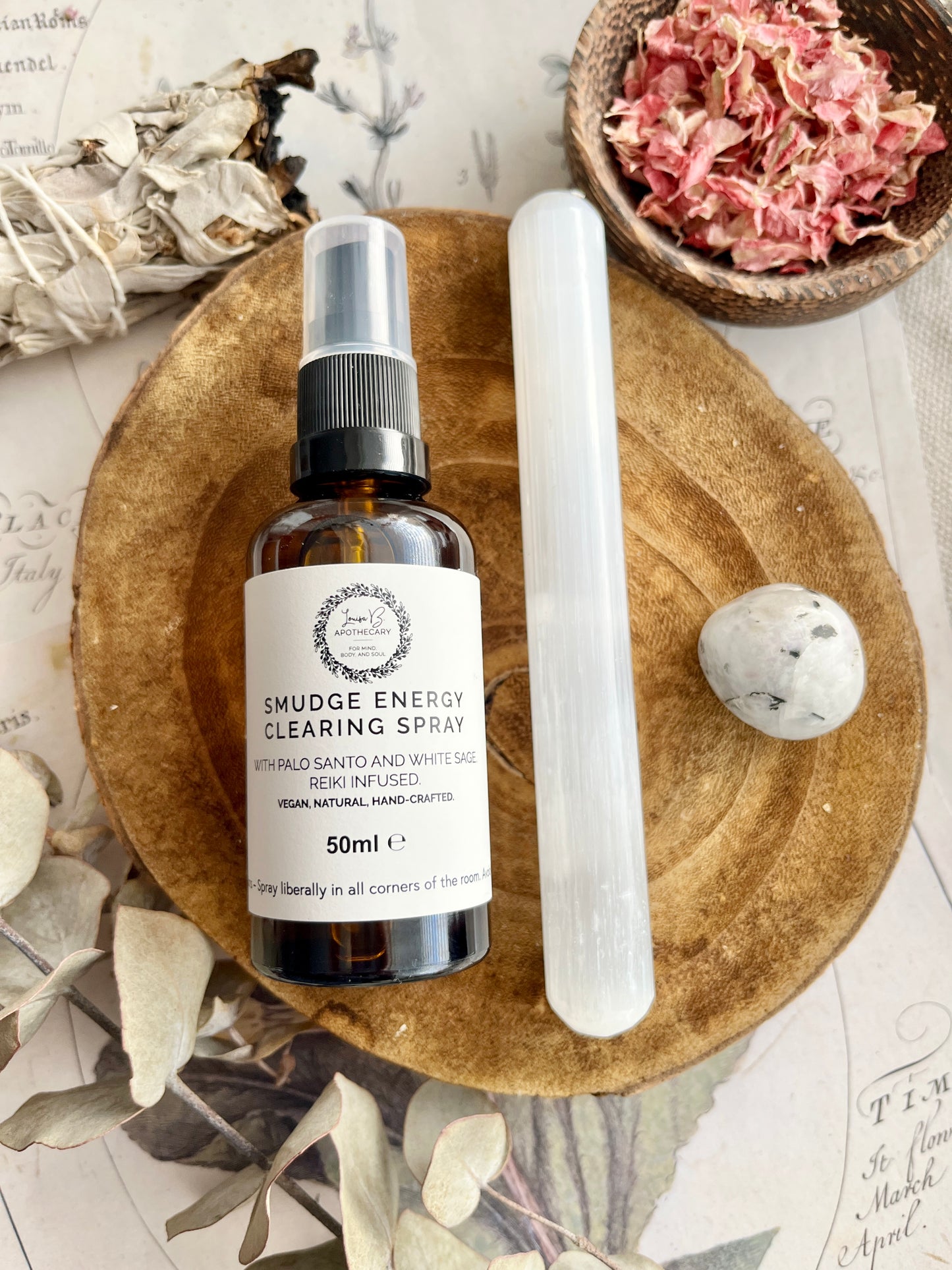 Smudge Energy Cleansing Spray, Selenite Wand & Moonstone Tumblestone