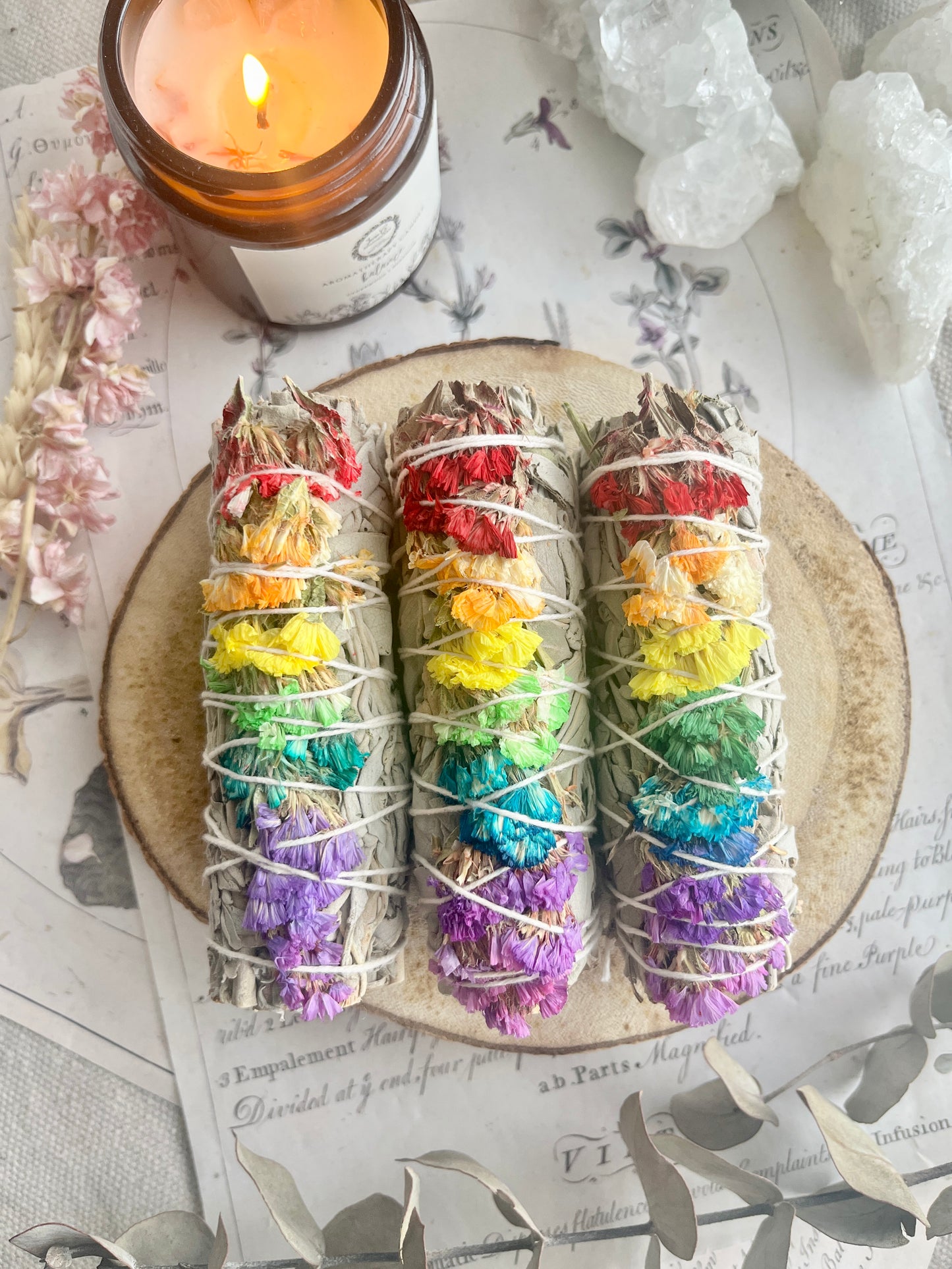 White Sage & 7 Chakra petals - Smudge Stick