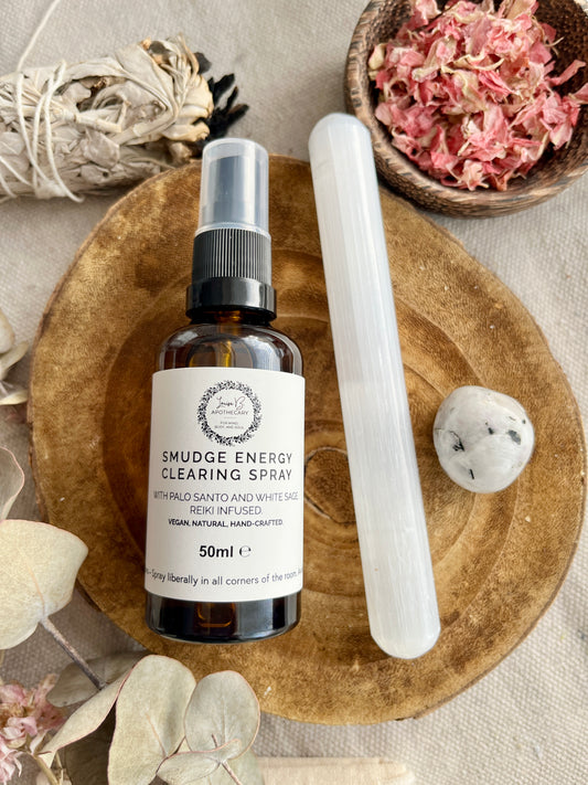 Smudge Energy Cleansing Spray, Selenite Wand & Moonstone Tumblestone