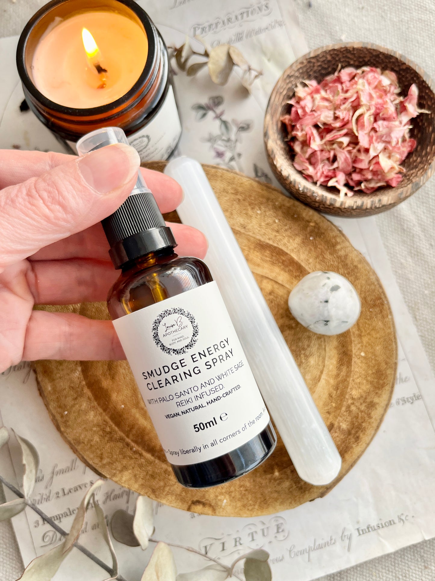 Smudge Energy Cleansing Spray, Selenite Wand & Moonstone Tumblestone