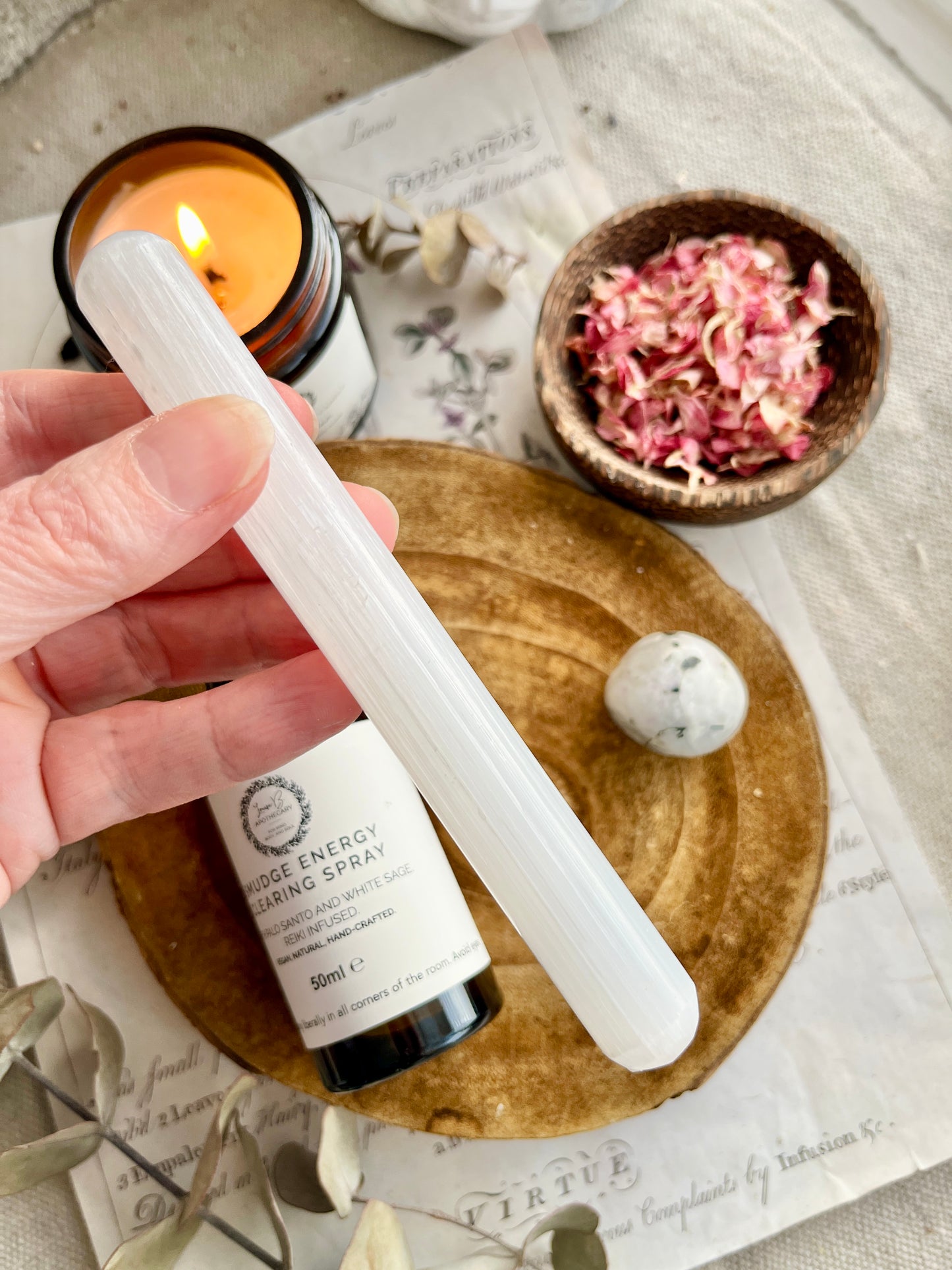Smudge Energy Cleansing Spray, Selenite Wand & Moonstone Tumblestone