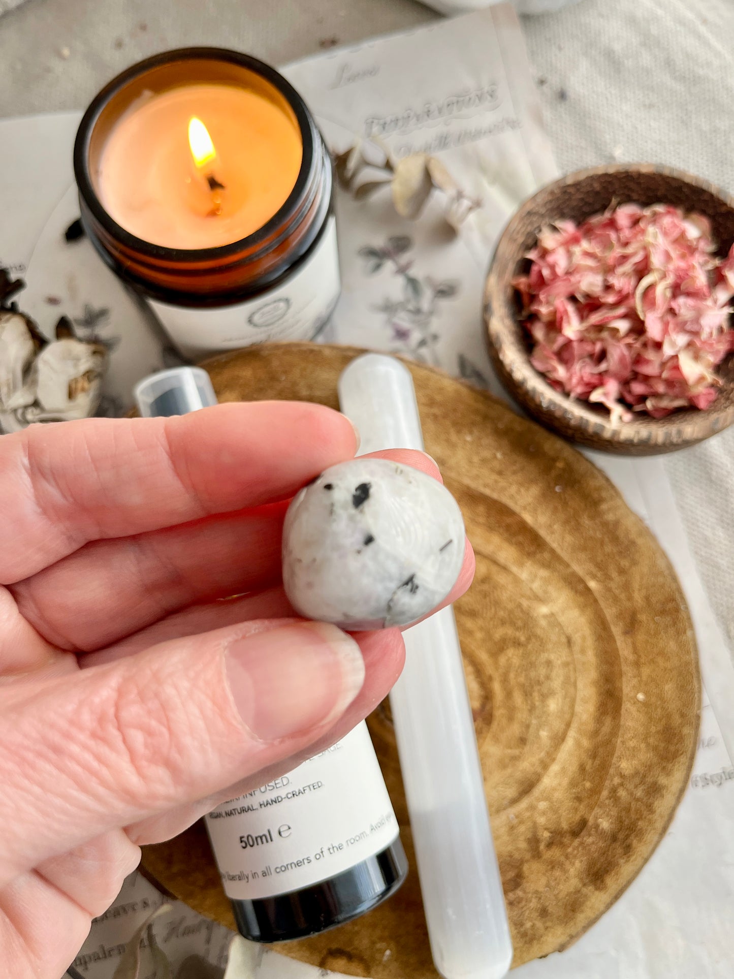 Smudge Energy Cleansing Spray, Selenite Wand & Moonstone Tumblestone
