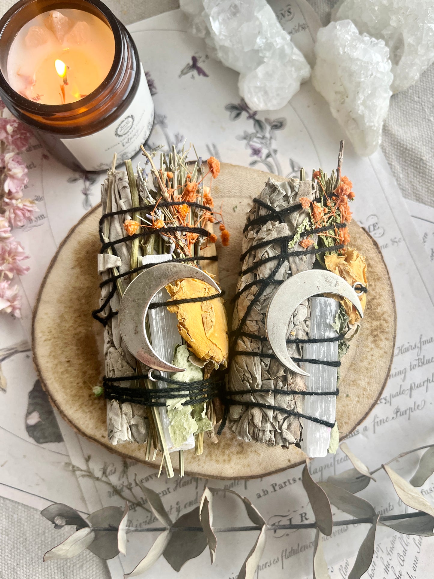 White Sage, Palo Santo, Selenite, Rose & Moon Charm