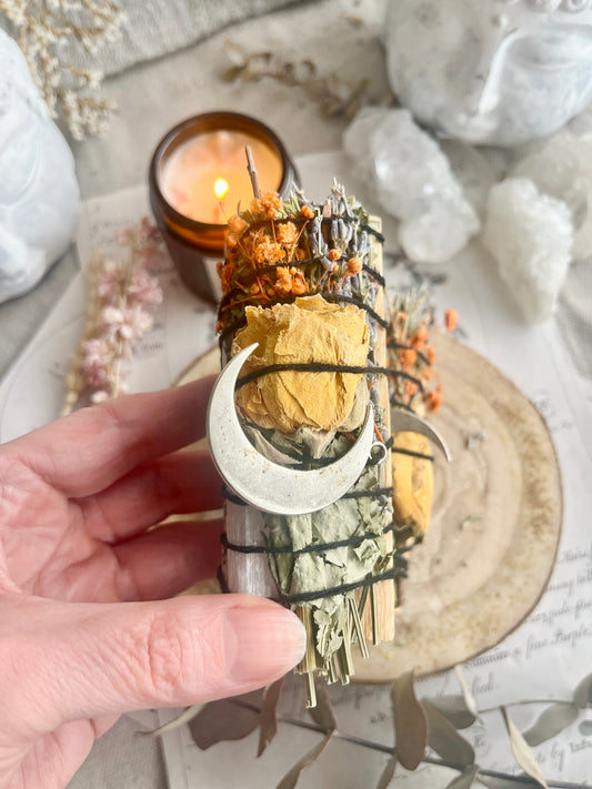 White Sage, Palo Santo, Selenite, Rose & Moon Charm