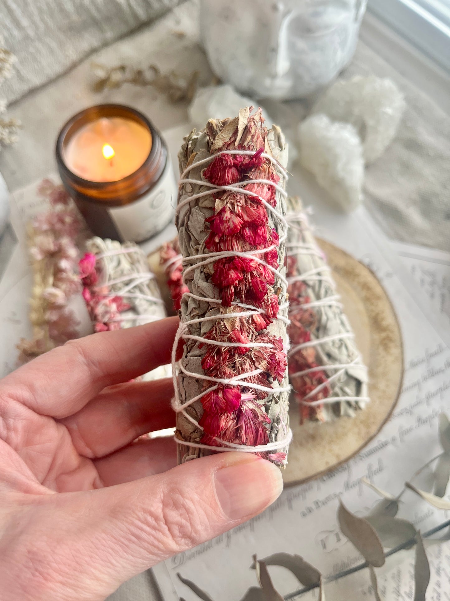 Smudge Stick, White Sage and Pink Sinuata 4"